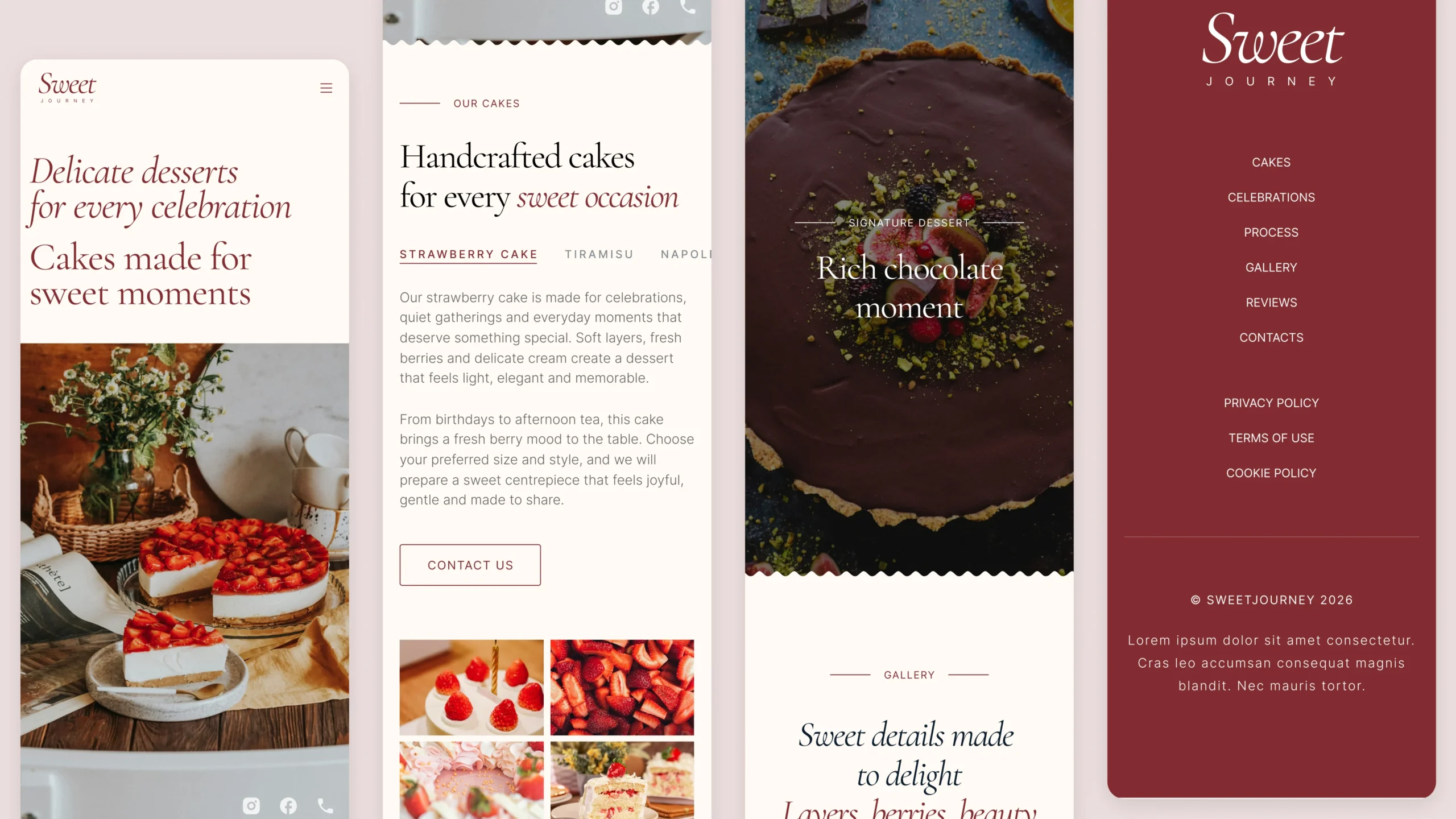 Cake and dessert sections help users explore available options