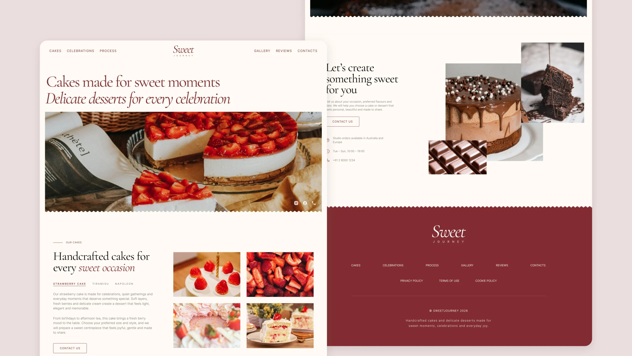 Large photos highlight textures, layers, chocolate, berries and decoration