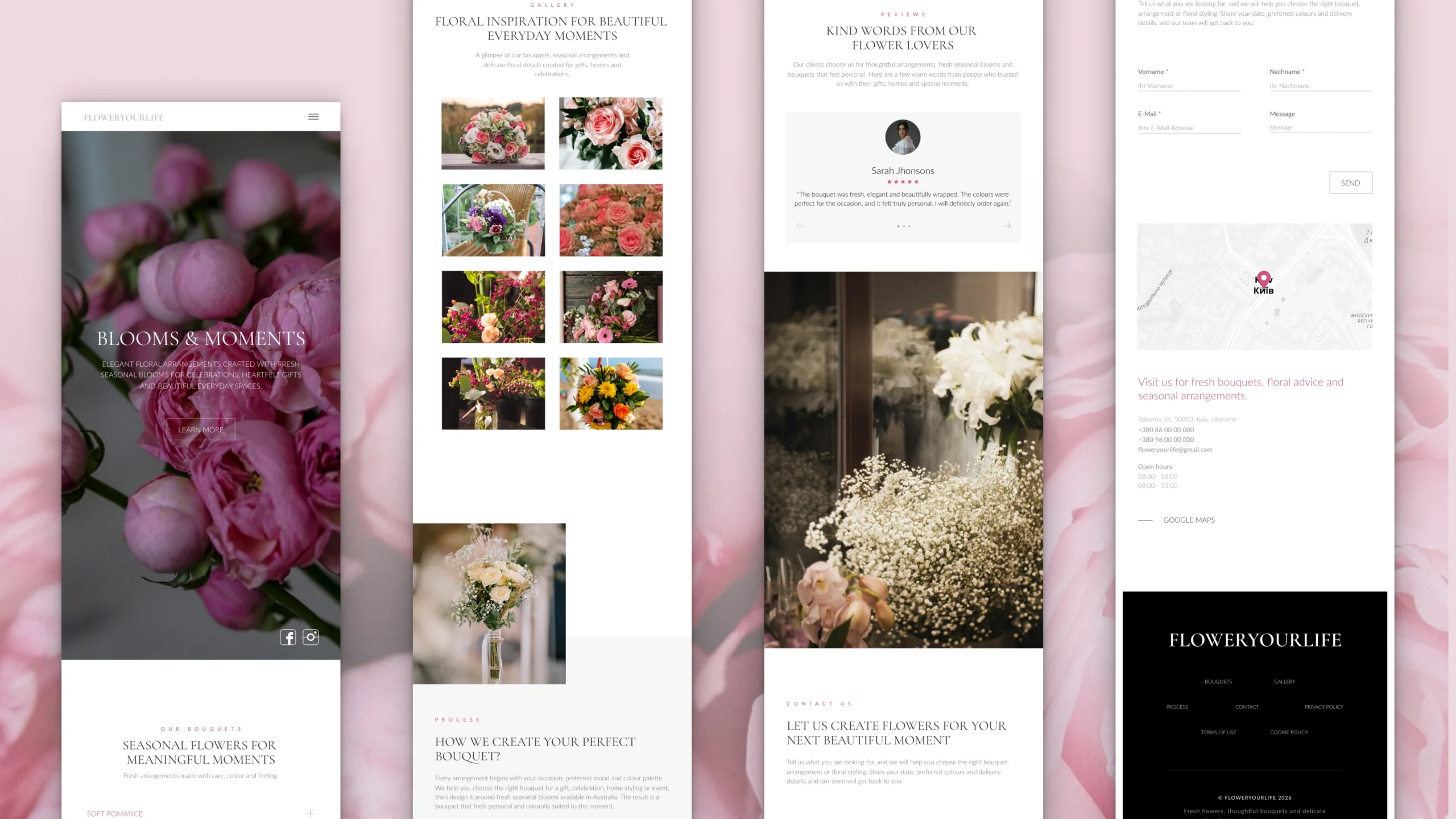 The visual style is based on lightness, soft colours and close up floral photography
